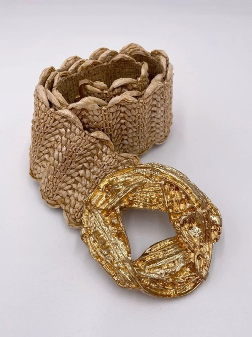 Zara NWT Metallic Gold Woven stretch Waist Belt Textured Round Buckle -size 30